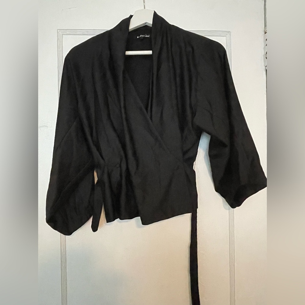 Black soft sheen wrap blouse